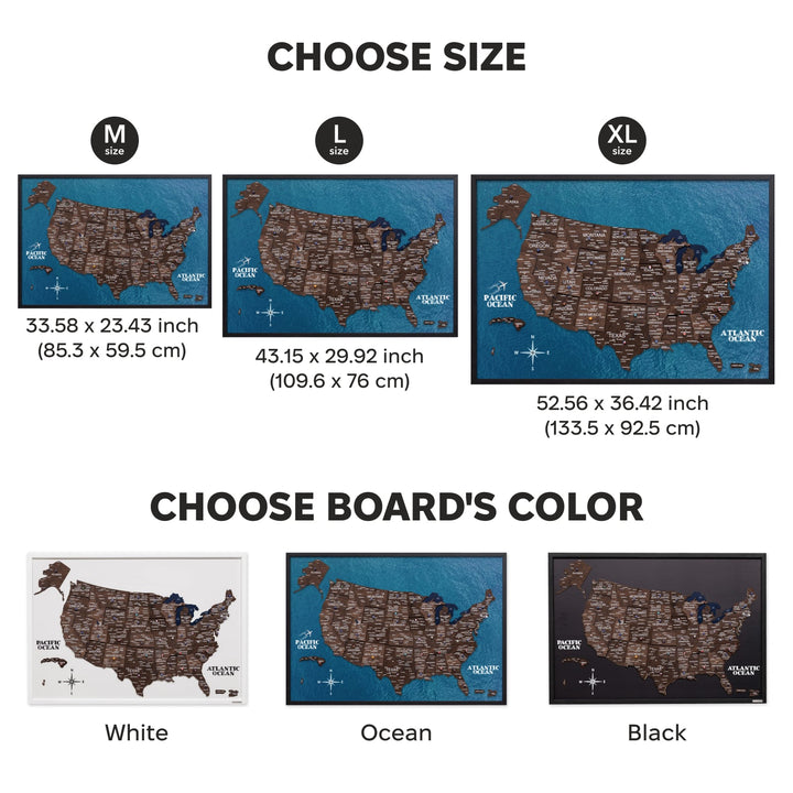 USA map board size and board color options: white, ocean, and black frames