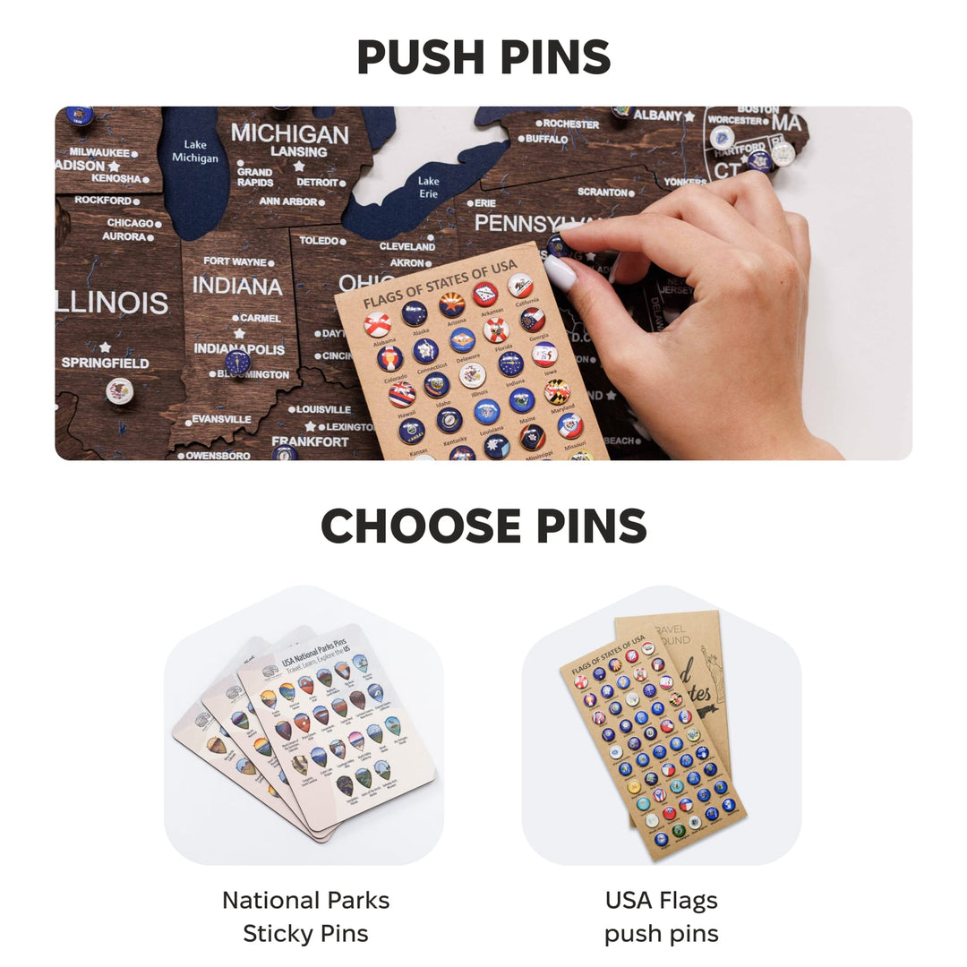 USA map wall board with push pins being placed by hand