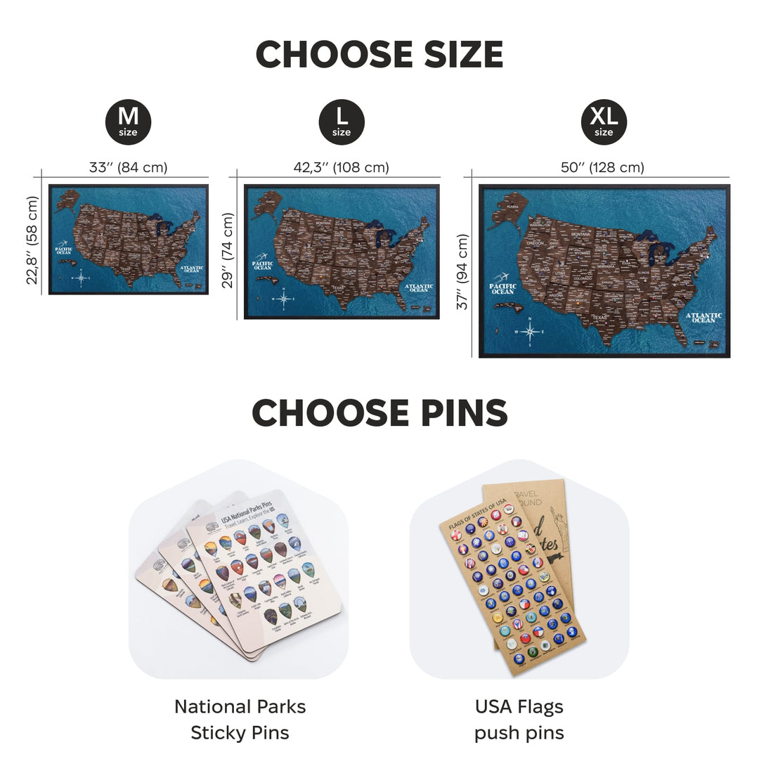 USA map board size options with push-pin packs shown