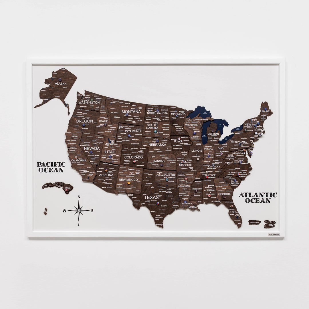 Wide view of framed 3D wooden USA map with dark walnut states and ocean labels