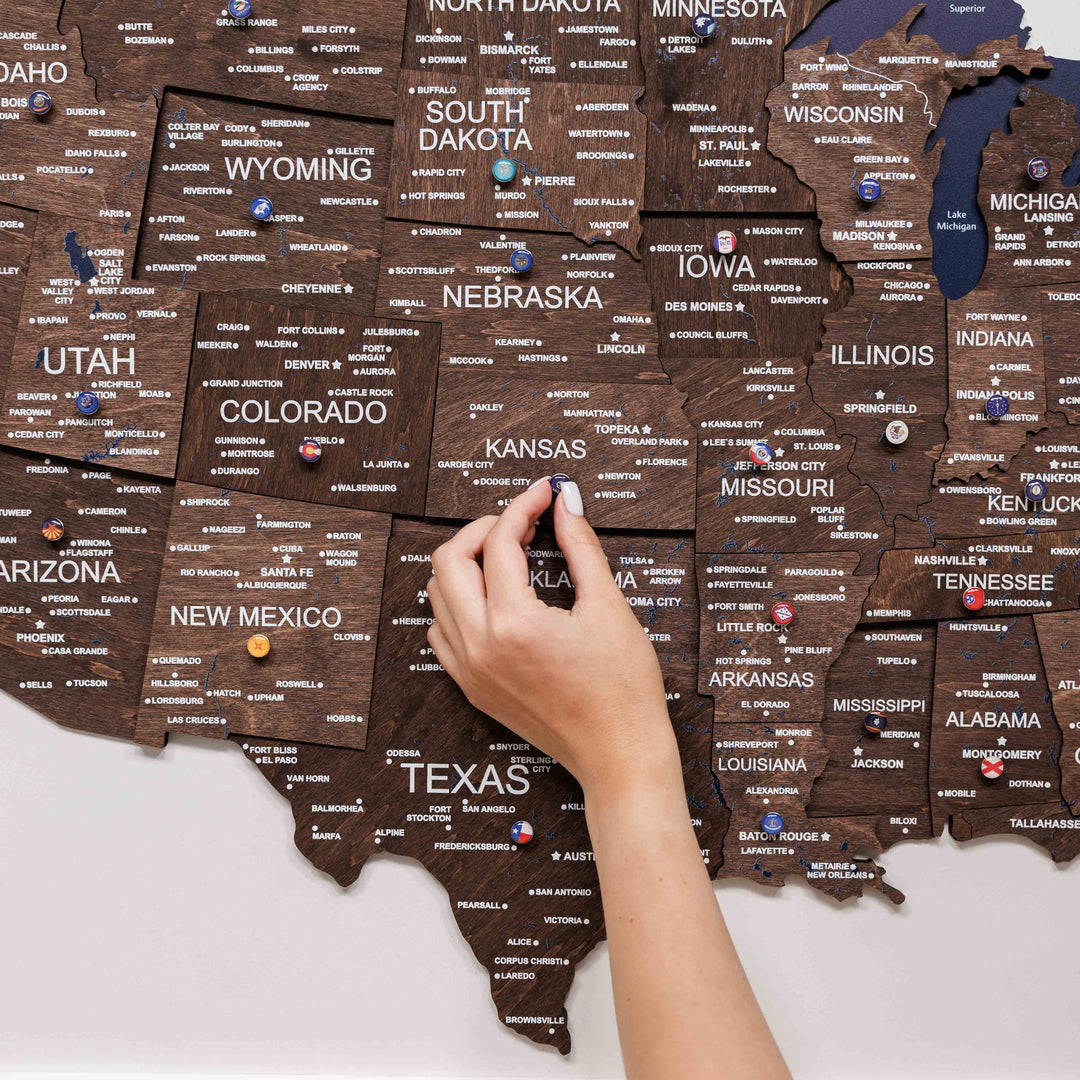 Close-up of dark walnut 3D USA map with Texas and surrounding states