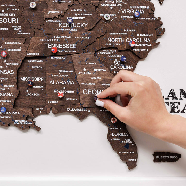 3D wooden USA map in dark walnut with state labels and blue region accents