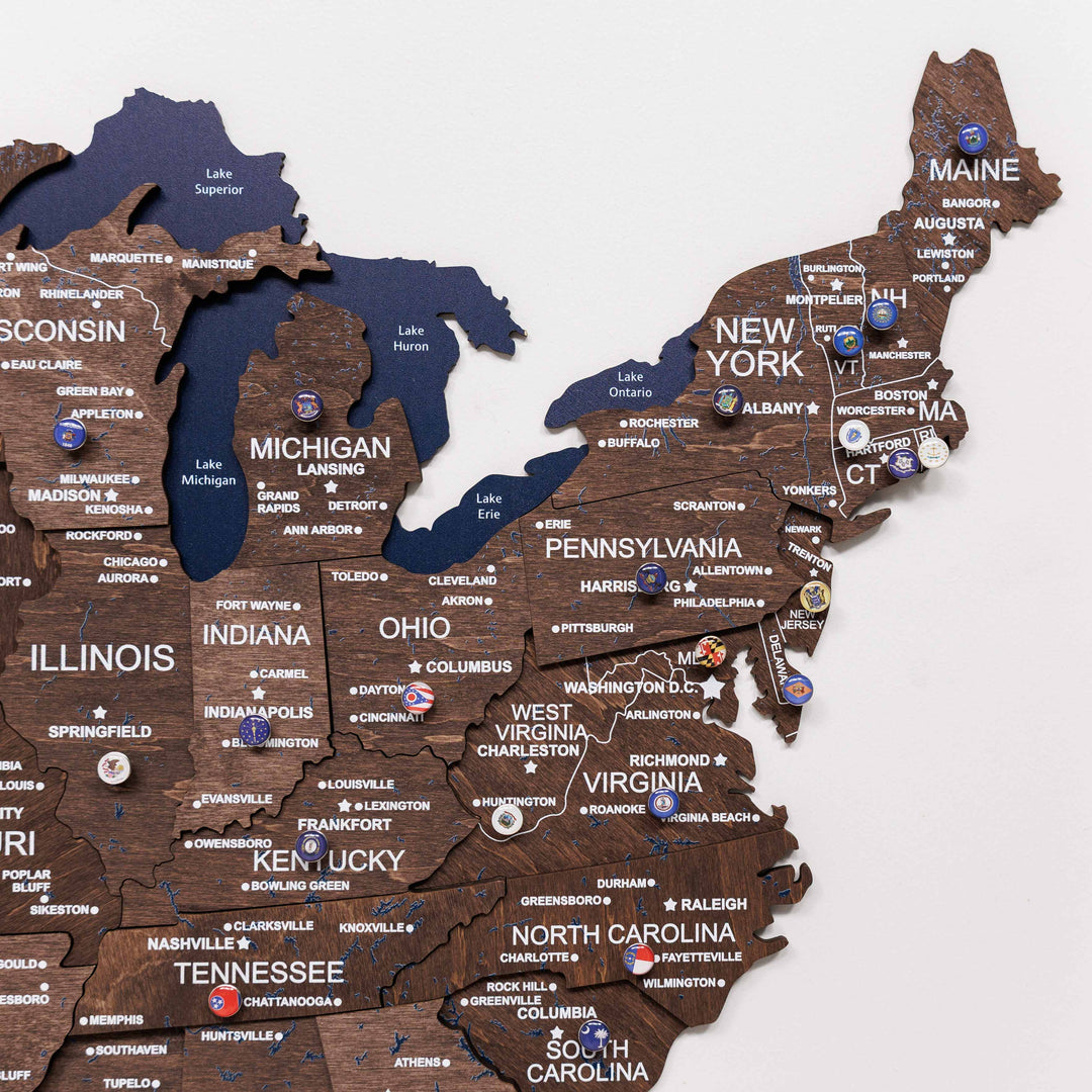 Zoomed-in 3D wooden USA map in dark walnut with state names and borders