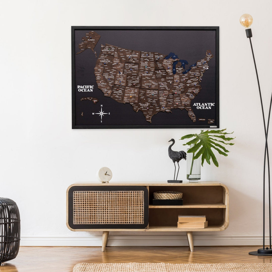 Wall-hanging framed dark walnut USA 3D wooden map with Pacific and Atlantic labels