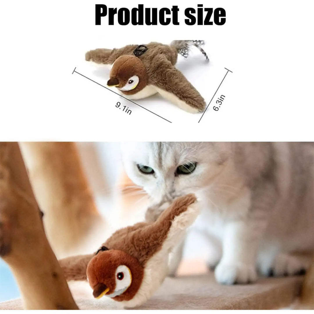 Plush flying bird cat toy with feathered tail and brown body