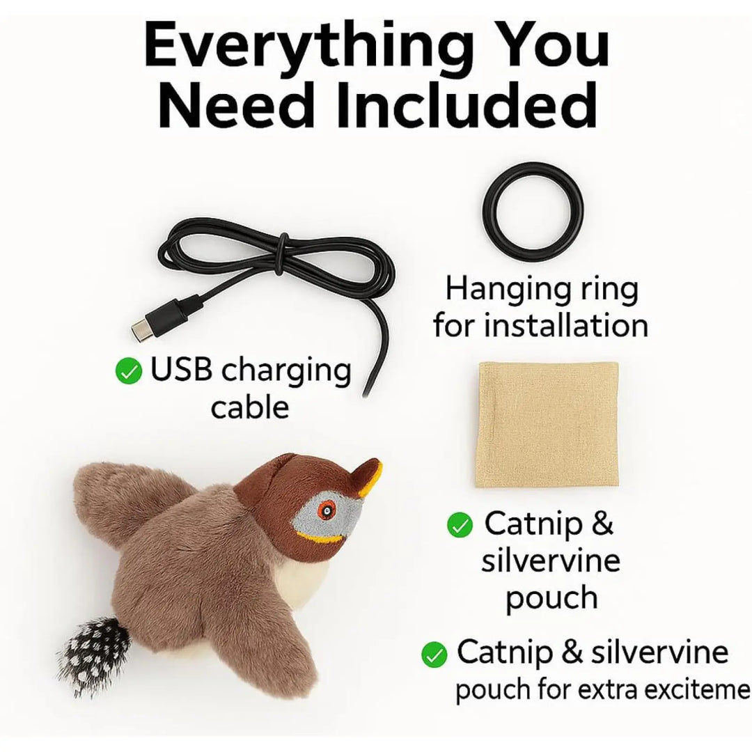 USB charging plush flying bird cat toy with hanging ring and catnip pouch