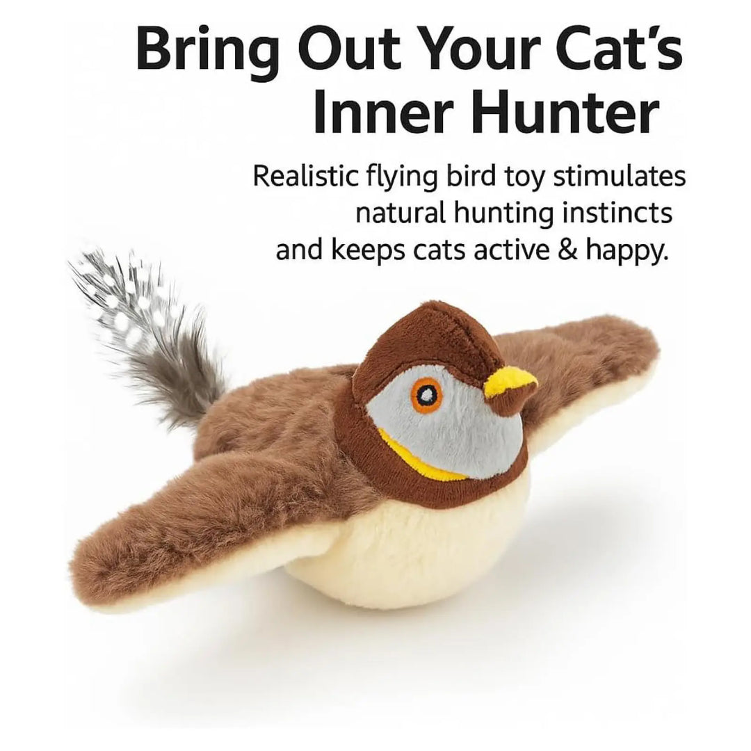 Brown and cream plush flying bird cat toy with realistic face and wings