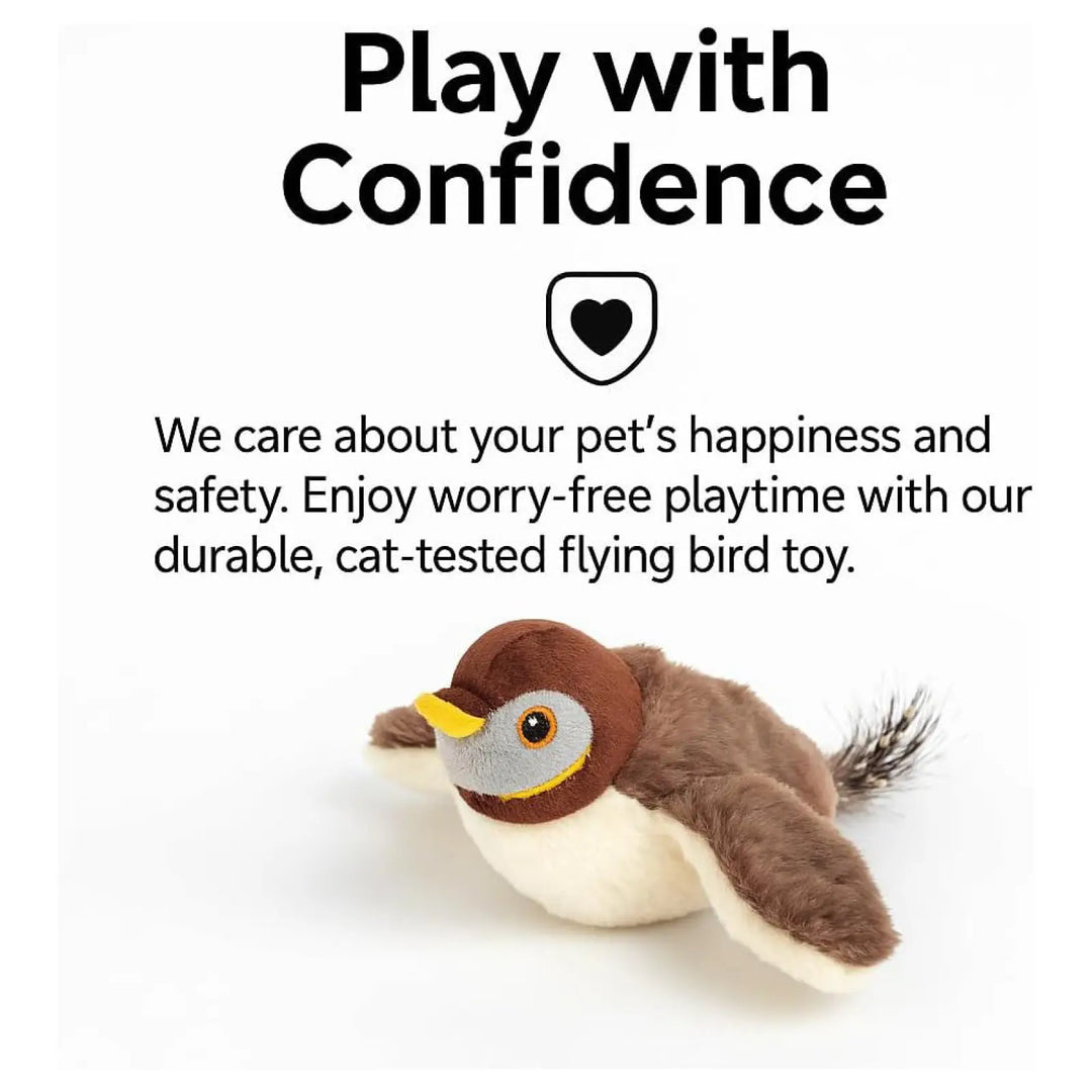 Brown plush flying bird cat toy with feathered tail for interactive play
