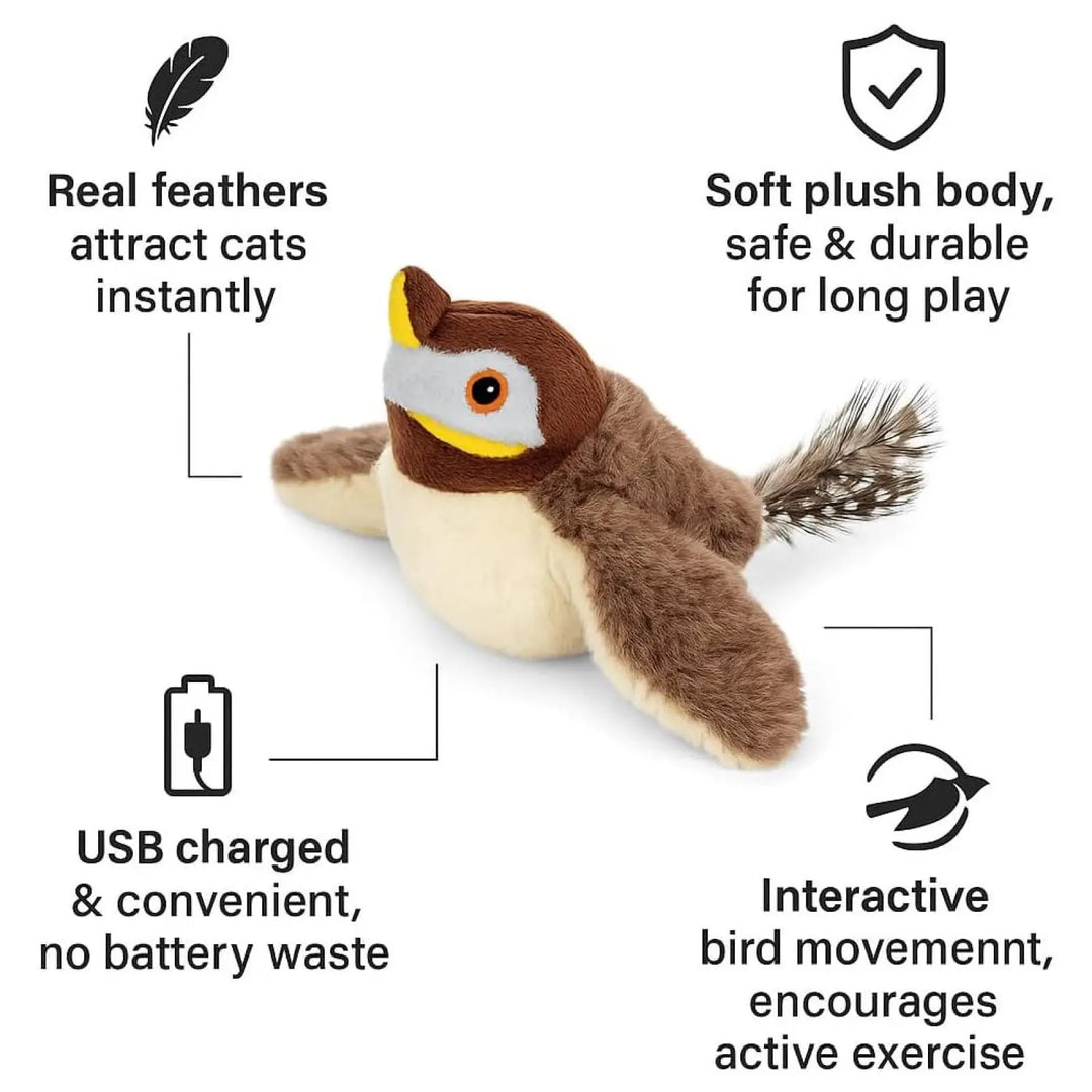 Plush flying bird cat toy with real-feather tail, USB charged design