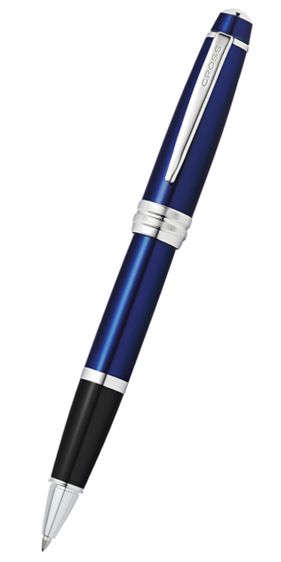 Blue lacquer rollerball pen with black grip band and silver cap section