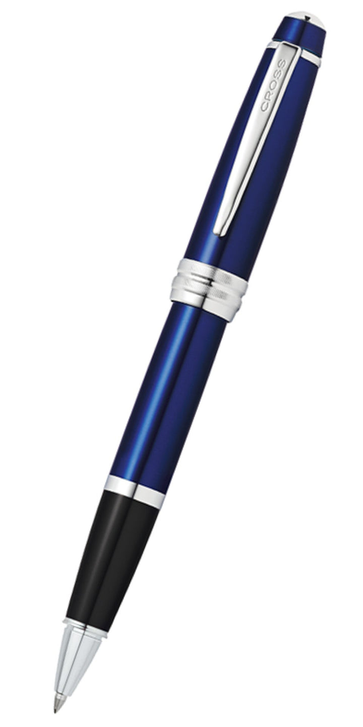Blue lacquer rollerball pen with black grip band and silver cap section