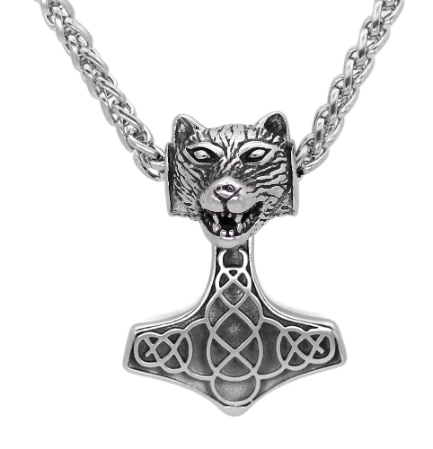 Silver-tone bear head and Mjolnir hammer pendant on linked chain
