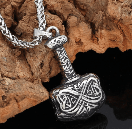 Silver-tone Thor hammer pendant necklace with braided chain and engraved design