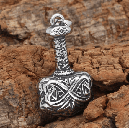 Silver-tone Thor hammer pendant necklace with engraved cross and link chain