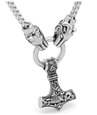 Silver-tone hammer pendant necklace with braided chain and wolf-head accents