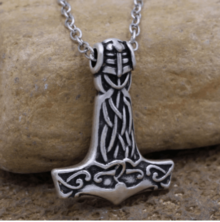 Silver-tone Thor hammer pendant necklace with Celtic knotwork, on chain.