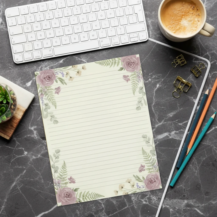 Vintage Botanical Pink Roses Ruled Notepad - 8.5x11 - DipaliZ
