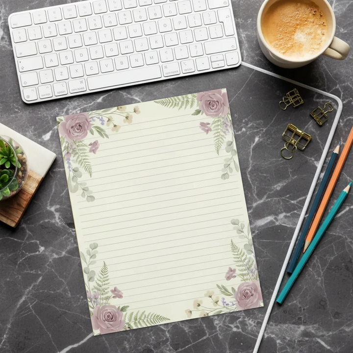 Vintage Botanical Pink Roses Ruled Notepad - 8.5x11 - DipaliZ
