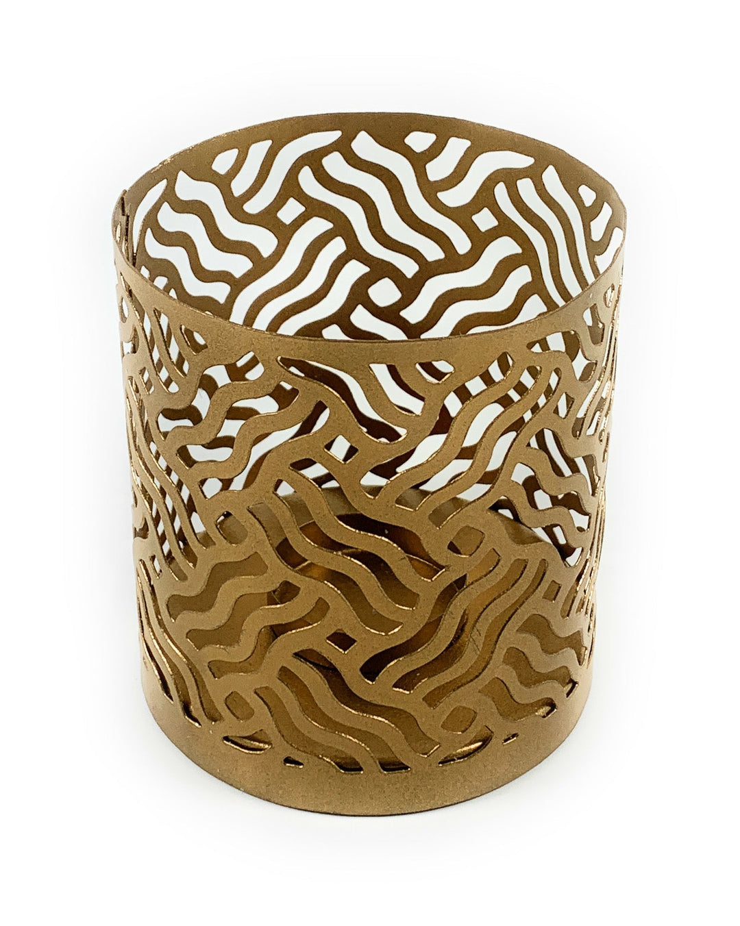 Gold-toned votive candle holder, cylindrical lattice with wavy abstract cutouts