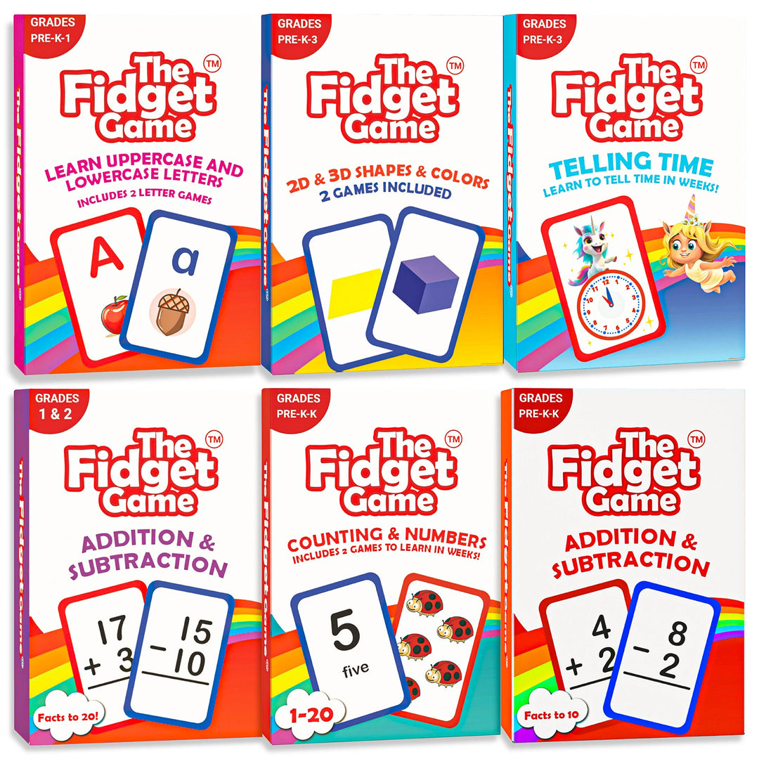 Colorful boxed educational card games bundle with grade labels and learning activities