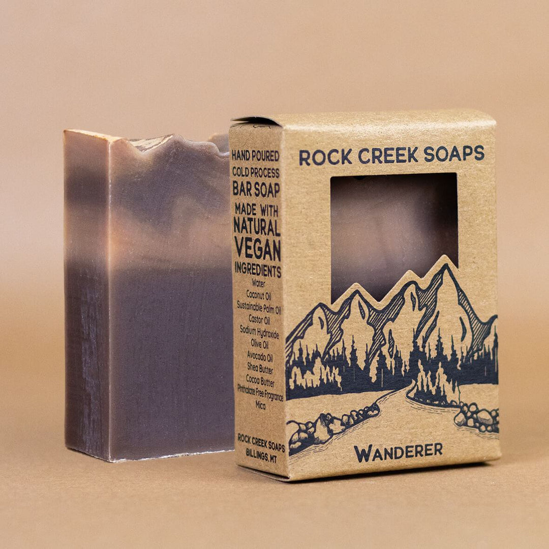 Rock Creek Wanderer bar soap with windowed kraft label and dark marbled bar