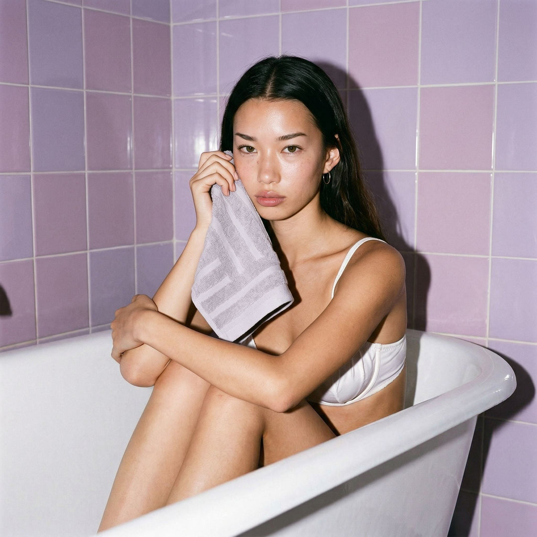 Lilac cotton towel held by hand, with textured loop pile and stitched stripe design