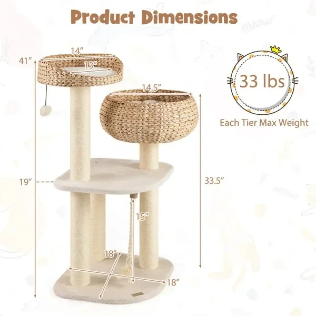 Cat tree product dimensions graphic with stacked round woven beds and scratching posts