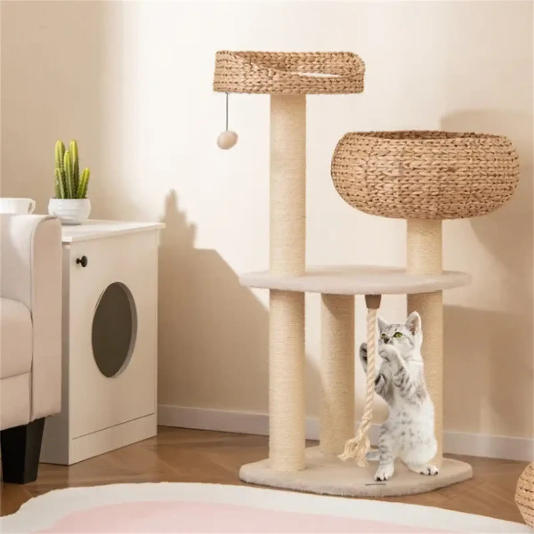 Woven cat tree with top and middle round beds and sisal scratching post, beige