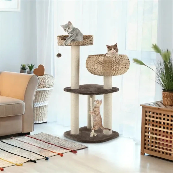 3-level woven cat tree with round perch platforms, sisal posts, and dangling ball toy