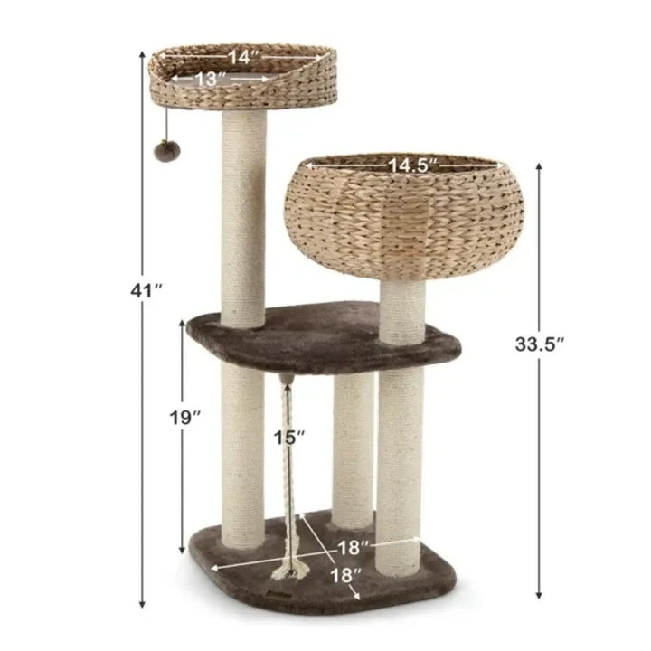 Cat tree size diagram showing 3 levels, woven platforms, and sisal posts