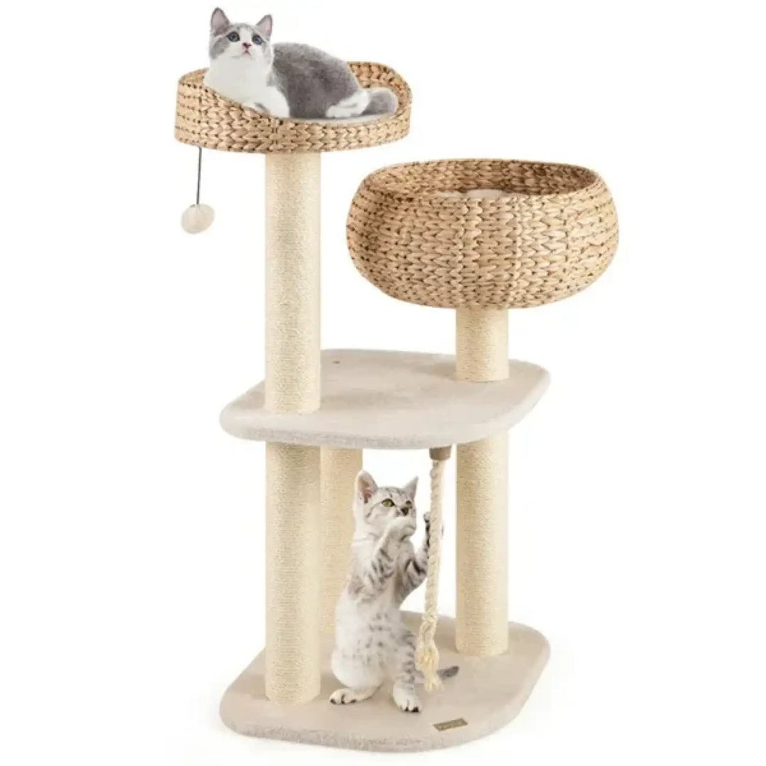 Woven cat tree with round top and middle beds, sisal scratching posts and beige base