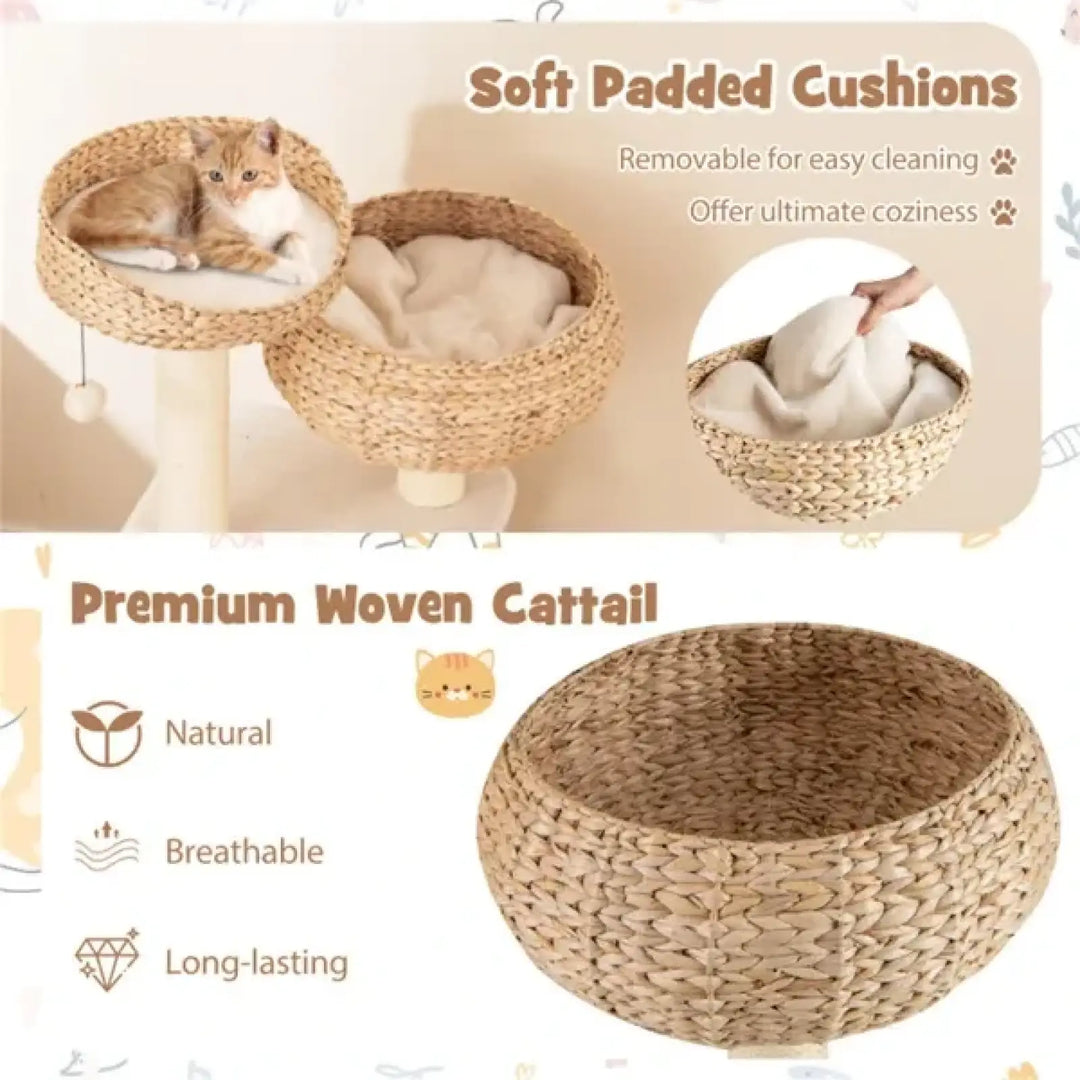 Woven cat tree with three round beds and padded cushions, beige and tan weave