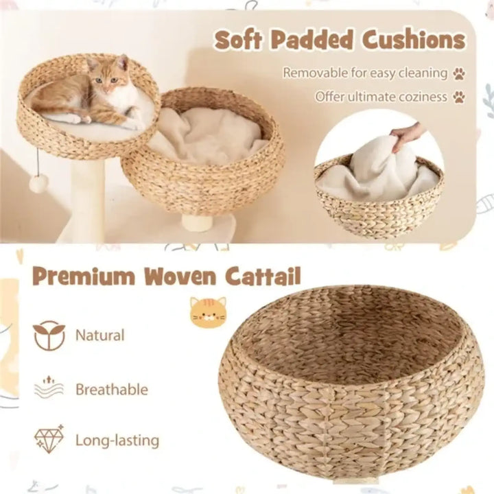 Woven cat tree with three round beds and padded cushions, beige and tan weave