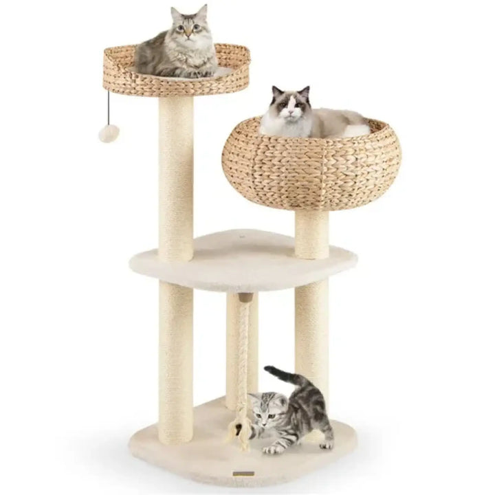 Woven cat tree with three levels, round beds, sisal posts, and dangling ball toy