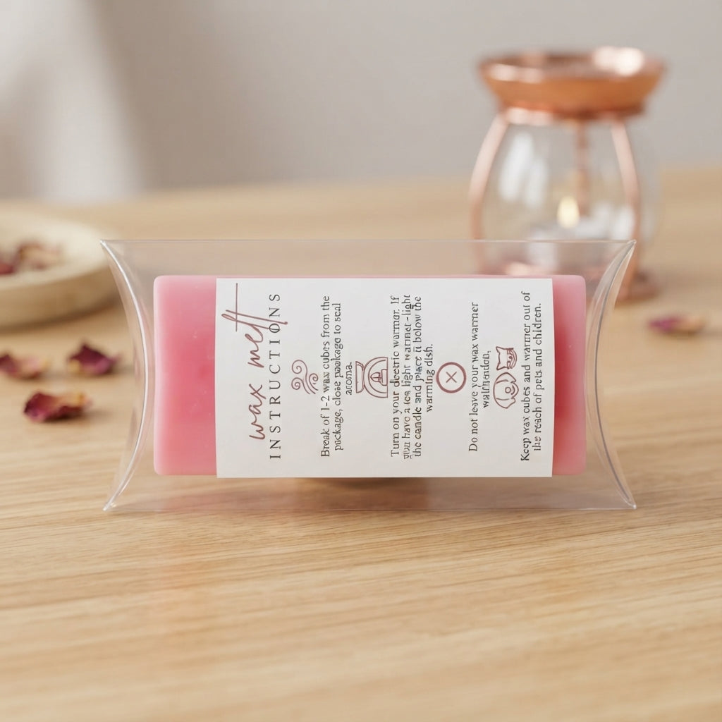 Clear plastic-wrapped wax melt bar with pink label and small ingredient text