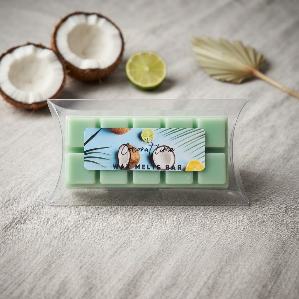 Green wax melts bar with square blocks in a clear package