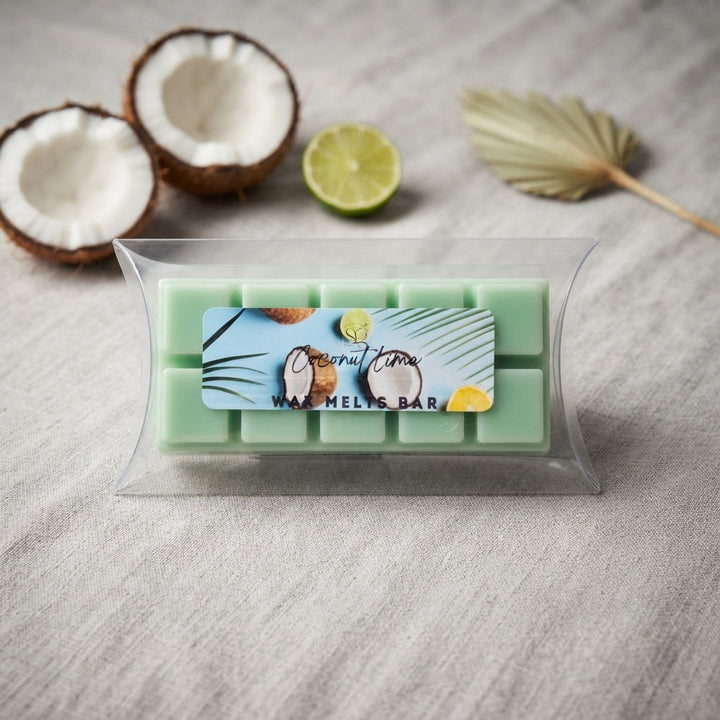 Green wax melts bar with square blocks in a clear package