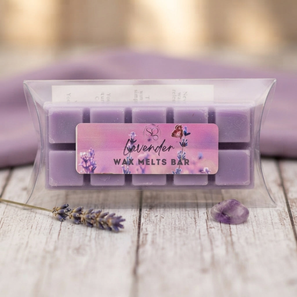 Lavender wax melts bar with purple wax blocks in a clear plastic package