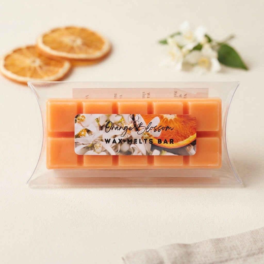 Orange Blossom wax melts bar with orange wax blocks in a clear package