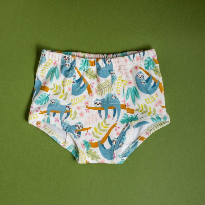 Kids training pants with colorful sloth and tropical leaf print, elastic waistband