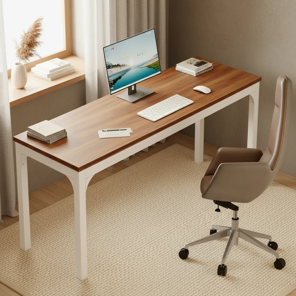 White Computer Desk with Minimalist Wood Top