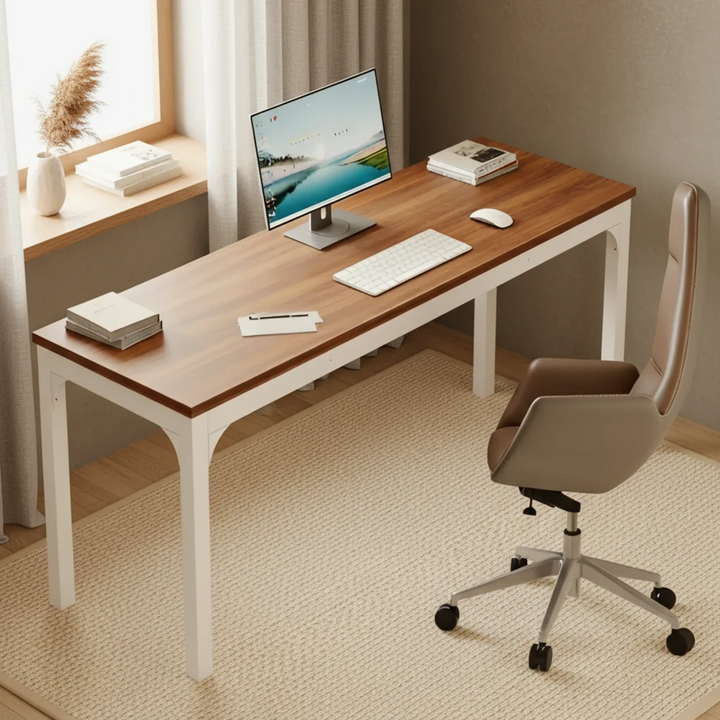 White Computer Desk with Minimalist Wood Top