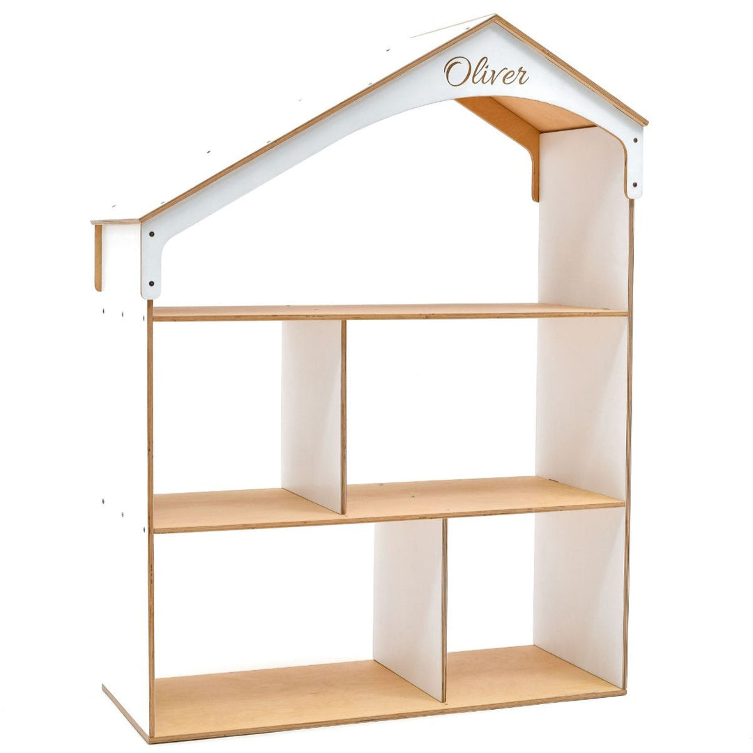 Wood dollhouse bookcase with arched top and open shelves, personalized "Oliver"