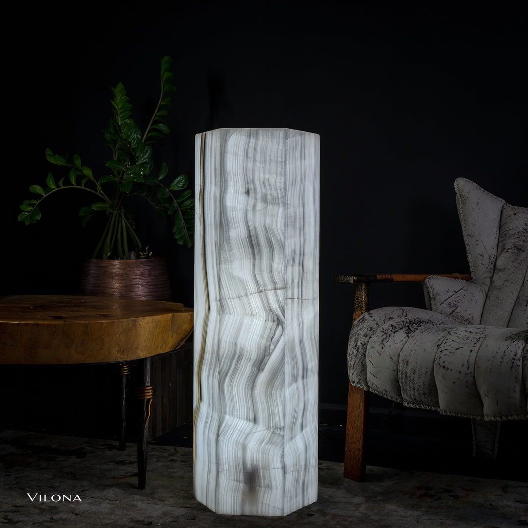 Small white onyx floor lamp with hexagonal column shade, vertical wavy stripes