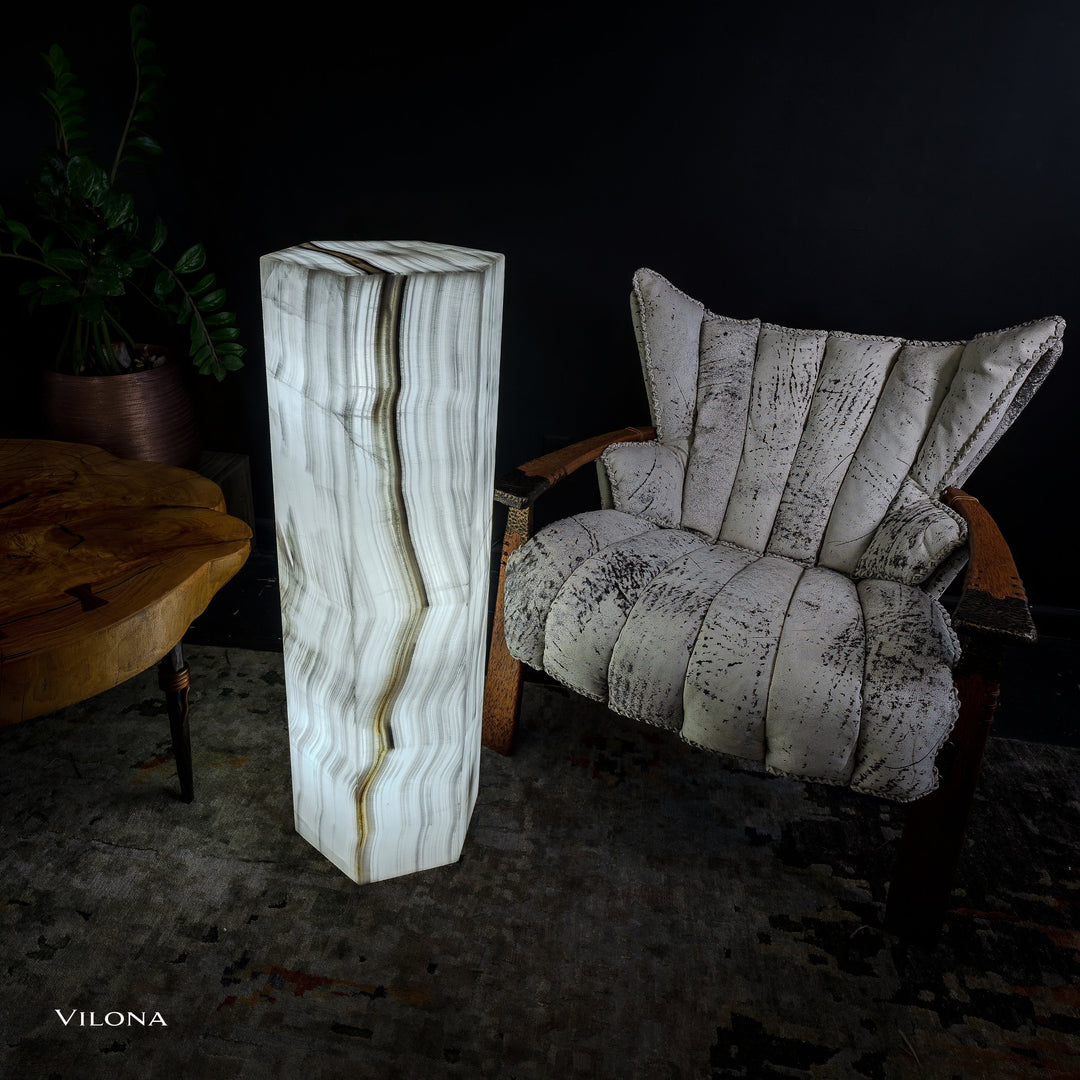 Small white onyx floor lamp, hexagon prism shade with vertical striated patterns