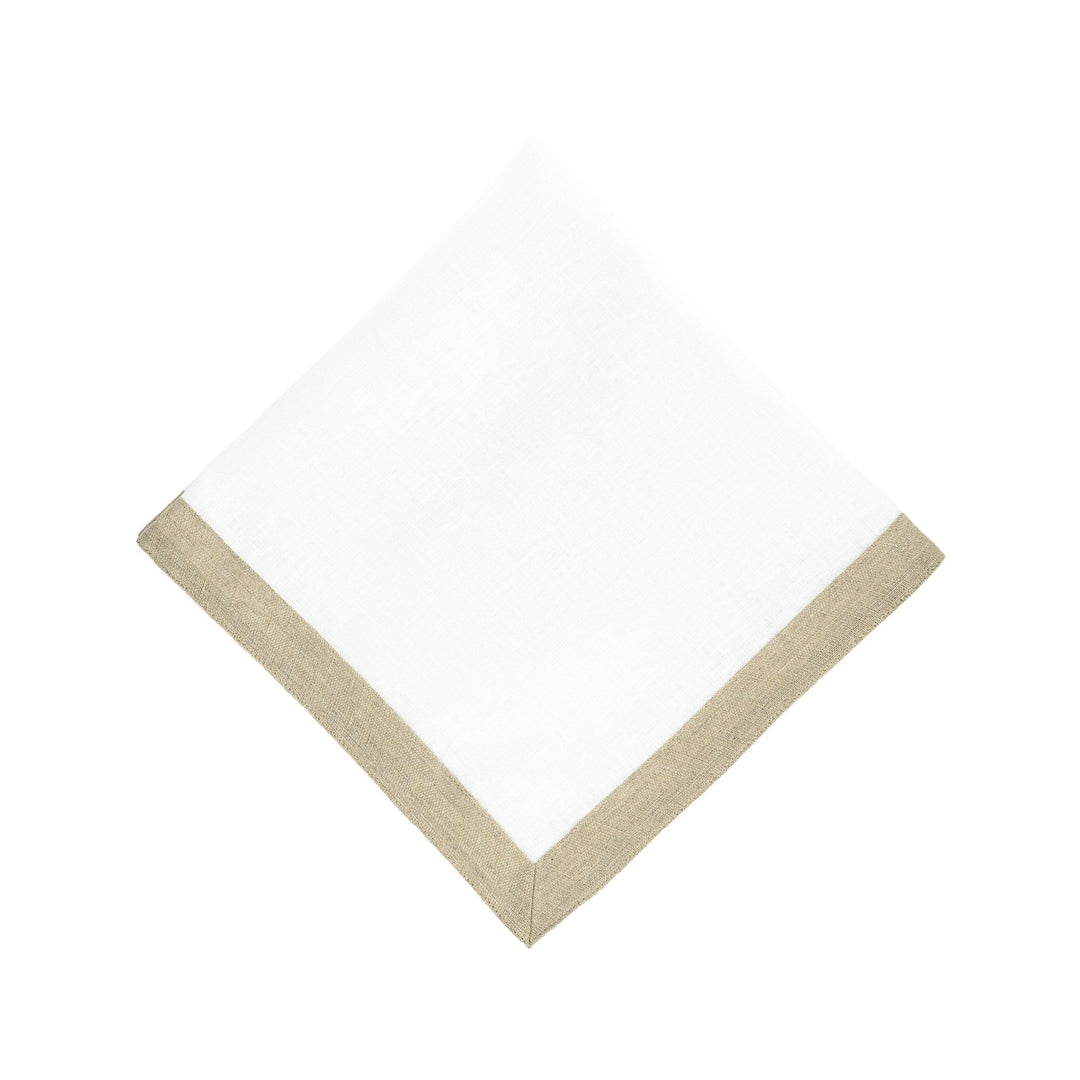 Square linen napkin with white center and tan sparkle border, neatly folded.