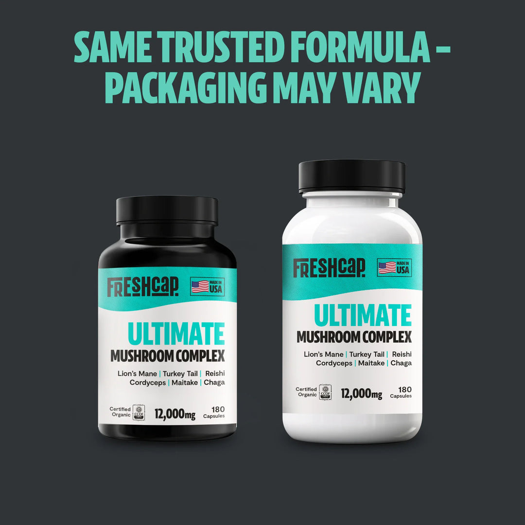 Two FreshCap mushroom complex supplement bottles side by side with black caps