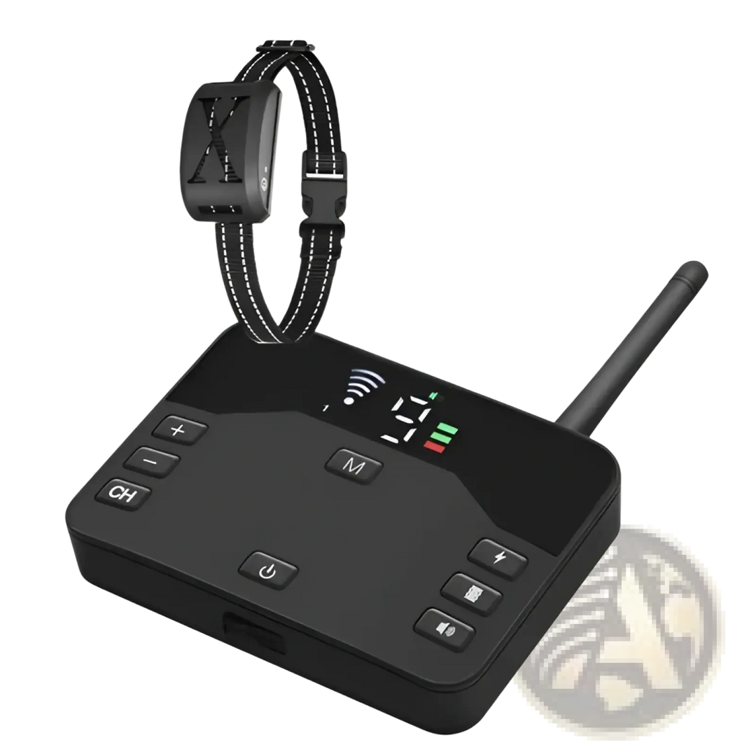 Black wireless dog fence training collar receiver with antenna and control panel