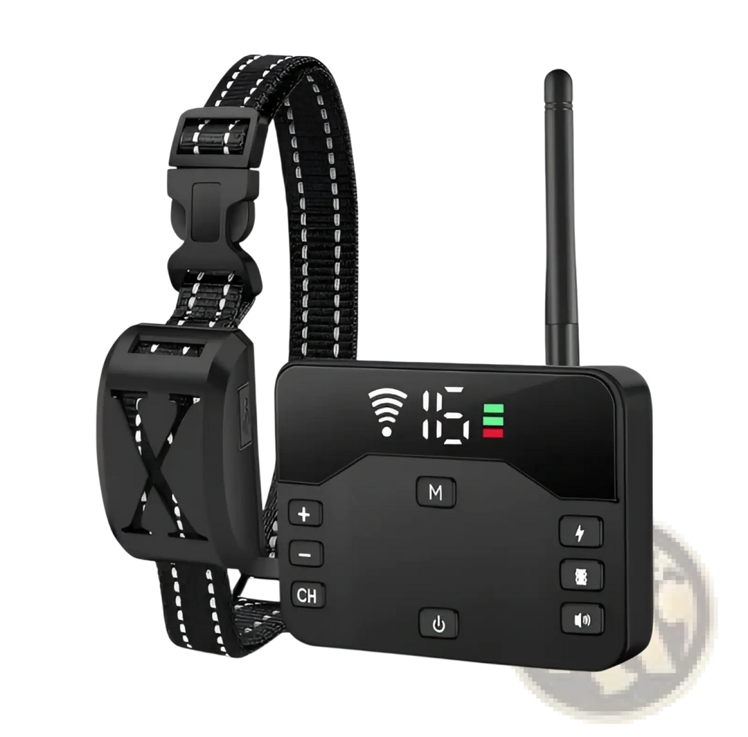 Black dog training collar with remote receiver, long antenna, and control buttons