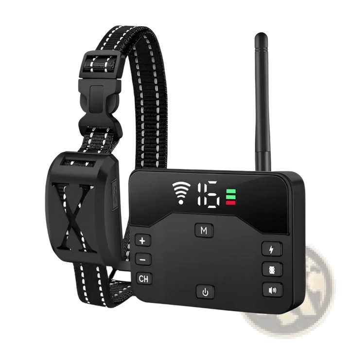 Black dog training collar with remote receiver, long antenna, and control buttons